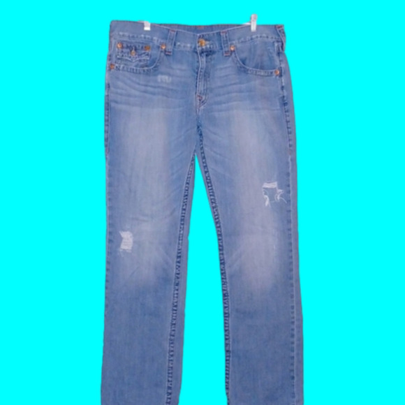 TRUE RELIGION Blue Jeans w/ Orange Stitch Detail, 38W, 32L - Picture 2 of 9